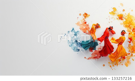 Three dancers in vibrant costumes performing a graceful dance against a white backdrop with colorful watercolor splashes. 133257216