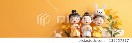 Young children wearing hanboks and holding songpyeon, children in hanbok, cultural attire 133257217