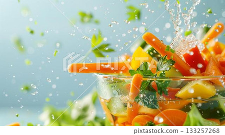Fresh vegetables with water splash in a glass bowl. 133257268