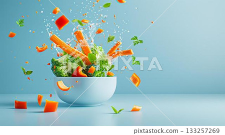 Fresh salad ingredients flying into a bowl with splashing water. Fresh salad ingredients flying into a bowl with splashing water. 133257269