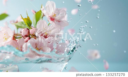 Pink cherry blossoms splash into clear water, creating a refreshing and vibrant image. 133257270