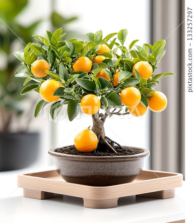 A thriving miniature citrus tree with lush green leaves and an abundant harvest of juicy vibrant orange fruits in a decorative wooden container 133257297
