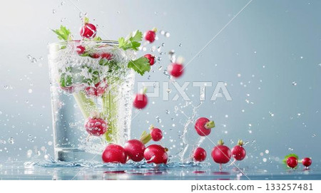 Red currants splashing into a glass of water. 133257481