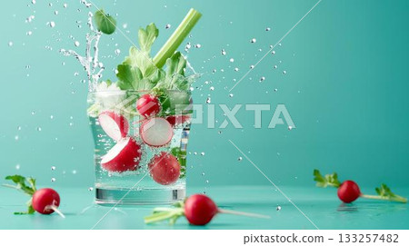 Fresh radishes and celery splashing into a glass of water. 133257482