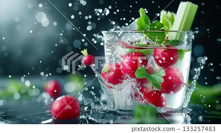 Fresh radishes and celery submerged in water, splashing and creating a vibrant scene. 133257483