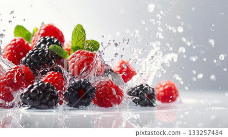 Fresh raspberries, blackberries and blueberries with water splash. 133257484
