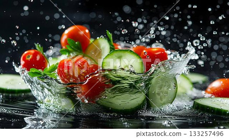 Fresh tomatoes and cucumbers splash in water, creating a vibrant and healthy image. 133257496