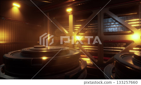 A futuristic environment showcases intricate machinery beneath warm, glowing lights. The space feels alive with energy as shafts of light pierce through the haze, creating an engaging atmosphere. 133257660