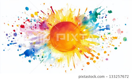 Vibrant watercolor sun with colorful splashes, artistic expression. Creativity and positivity concept Vibrant watercolor sun with colorful splashes, artistic expression. Creativity and positivity concept 133257672