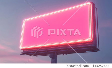 Neon pink billboard glowing at sunset, minimalistic urban advertising concept Neon pink billboard glowing at sunset, minimalistic urban advertising concept 133257682