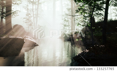 A serene forest scene showcases a gentle stream with mist rising above the water. Sunlight breaks through the trees, creating a magical atmosphere filled with tranquility and beauty. A serene forest scene showcases a gentle stream with mist rising above the water. Sunlight breaks through the trees, creating a magical atmosphere filled with tranquility and beauty. 133257765
