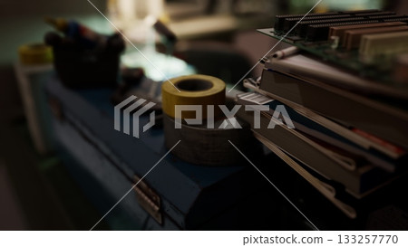 A cluttered workspace filled with various tools, books, and rolls of tape illuminated by warm golden light. The atmosphere reflects creativity and inspiration, ideal for crafting projects. A cluttered workspace filled with various tools, books, and rolls of tape illuminated by warm golden light. The atmosphere reflects creativity and inspiration, ideal for crafting projects. 133257770