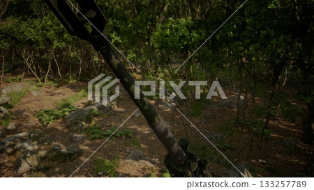 A camouflaged military piece stands quietly amidst the foliage in a lush forest. The surrounding greenery and terrain create a natural barrier for concealment, emphasizing stealth. 133257789