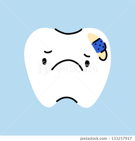 A sad, sick tooth with eyes and a bandage on his head, the tooth character is upset because of pain 133257917