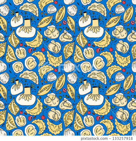 Seamless illustration of dumplings, manti, and vareniki from different countries on blue background Seamless illustration of dumplings, manti, and vareniki from different countries on blue background 133257918