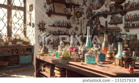 An antique alchemist's or wizard's laboratory, warmly lit by sun streaming through a leaded glass window. Features a cluttered wooden table with various colorful glass flasks, bottles, vials 133257919