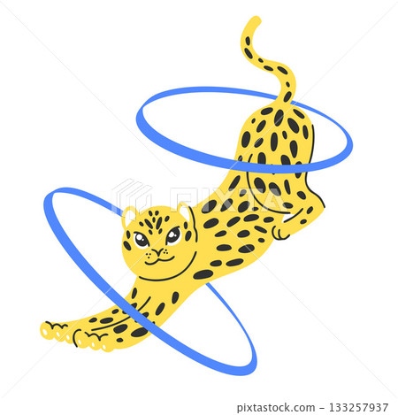 Yellow spotted leopard acrobat jumping through two blue rings, colorful cartoon character Yellow spotted leopard acrobat jumping through two blue rings, colorful cartoon character 133257937