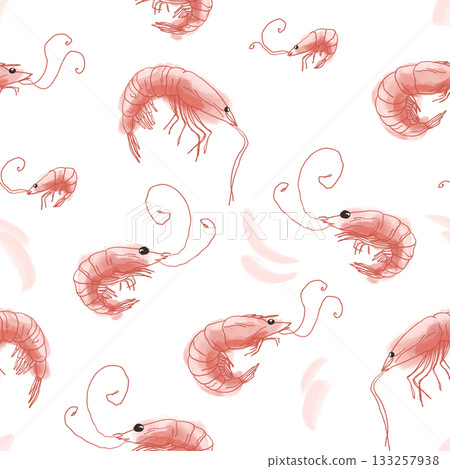 Pattern with large shrimps, small crustaceans in pink colors drawn with pastel chalks on white Pattern with large shrimps, small crustaceans in pink colors drawn with pastel chalks on white 133257938