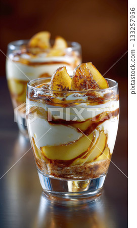 Close-up of a gourmet layered dessert parfait in a glass, featuring creamy white layers, caramelized fruit slices, and a rich caramel sauce. A decadent and elegant sweet treat Close-up of a gourmet layered dessert parfait in a glass, featuring creamy white layers, caramelized fruit slices, and a rich caramel sauce. A decadent and elegant sweet treat 133257956