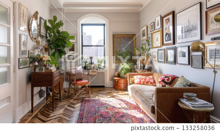 Full, wide shot of a bright, eclectic living room interior bathed in sunlight. Features a large gallery wall, vintage furniture, velvet sofa, a colorful Persian rug on a herringbone floor, many plants Full, wide shot of a bright, eclectic living room interior bathed in sunlight. Features a large gallery wall, vintage furniture, velvet sofa, a colorful Persian rug on a herringbone floor, many plants 133258036