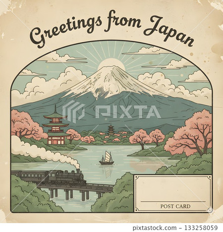 帶有富士山圖案的日本老式賀卡 133258059