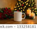 Cozy winter scene with a white mug by candles and holiday decorations 133258181