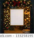 Blank frame in decorated window with Christmas lights and festive atmosphere 133258195