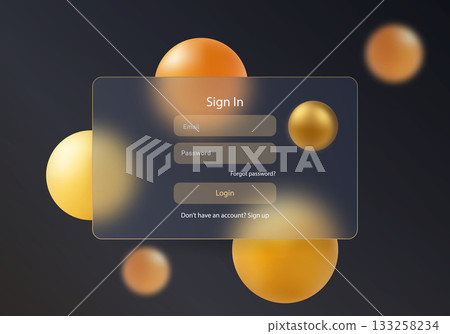Dark login screen in glass morphism style with glowing gold interface elements in warm amber tones Dark login screen in glass morphism style with glowing gold interface elements in warm amber tones 133258234