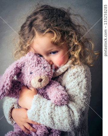 Sweet Young Child with Curly Hair and Rosy Cheeks Cuddling a Soft Lavender Bunny Plush Toy, Wearing a Cozy Off-White Knitted Sweater Against a Moody Grey Background, Evoking Innocence and Comfort 133258285