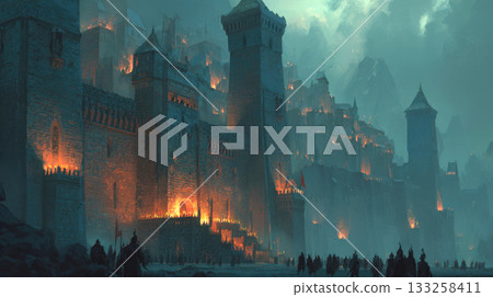 Epic Siege Warfare Digital Painting: Massive Fortress Walls and Medieval City Under Gloomy Sky, Illuminated by Flames and Torches, Guarded by Countless Soldiers 133258411