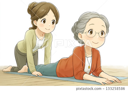 Miyu Series: Pair Yoga Miyu stretches sideways with seniors Miyu Series: Pair Yoga Miyu stretches sideways with seniors 133258586