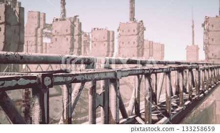 A rugged walkway spans an industrial area filled with towering structures, showcasing a blend of resilience and decay under a bright sky, hinting at a forgotten era of innovation. 133258659