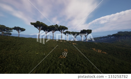 Rolling hills are adorned with vibrant green grass and colorful wildflowers, while tall trees stand proudly against a brilliant blue sky, creating a serene and picturesque scene. 133258782