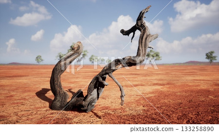 A gnarled tree branch rises from cracked earth in a vast arid land. The scene is set under a bright blue sky with white clouds, hinting at a harsh yet beautiful environment. A gnarled tree branch rises from cracked earth in a vast arid land. The scene is set under a bright blue sky with white clouds, hinting at a harsh yet beautiful environment. 133258890