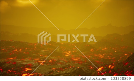 A stunning view of a volcanic terrain showcases glowing lava flows. The bright yellow sky adds an eerie atmosphere, while distant mountains frame the dramatic scene. A stunning view of a volcanic terrain showcases glowing lava flows. The bright yellow sky adds an eerie atmosphere, while distant mountains frame the dramatic scene. 133258899