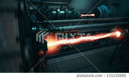Bright energy streams are emitted from complex machinery in a futuristic industrial space. The scene showcases advanced technology at work, highlighting the power of innovation in action. Bright energy streams are emitted from complex machinery in a futuristic industrial space. The scene showcases advanced technology at work, highlighting the power of innovation in action. 133258900