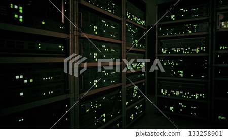 In a dimly lit space, cabinets filled with high tech servers hum quietly. Bright green lights flicker rhythmically, revealing data connections at work. The atmosphere is energized with technology. In a dimly lit space, cabinets filled with high tech servers hum quietly. Bright green lights flicker rhythmically, revealing data connections at work. The atmosphere is energized with technology. 133258901