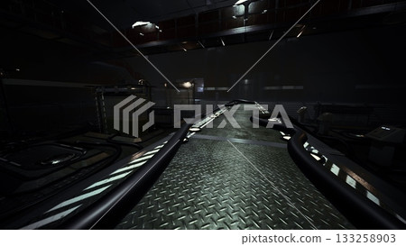 Dimly lit area features metallic surfaces and tangled wires, creating an eerie atmosphere. The reflections on the floor highlight the industrial design and add mystery to the scene. 133258903