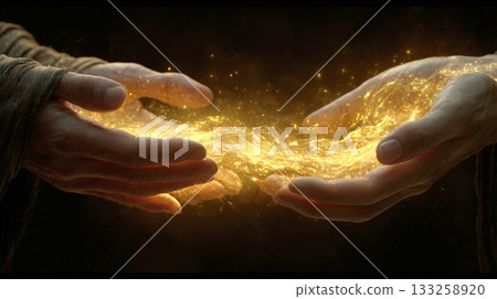 stunning, magical close-up of two hands gently holding intense, luminous golden energy that flows like liquid light, evoking themes of spirituality, healing, transfer of power, magic, ethereal fantasy stunning, magical close-up of two hands gently holding intense, luminous golden energy that flows like liquid light, evoking themes of spirituality, healing, transfer of power, magic, ethereal fantasy 133258920