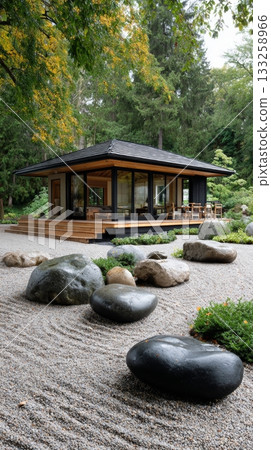 Modern zen garden with minimalist pavilion surrounded by trees and stones. 133258966
