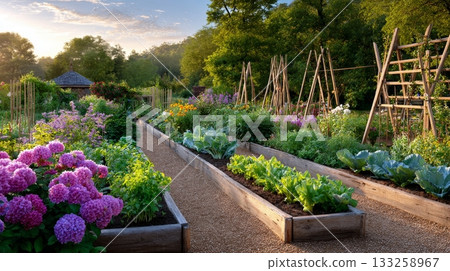 Lush vegetable garden at sunrise with vibrant flowers and wooden trellises. 133258967