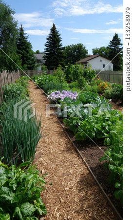 Lush community garden with lush vegetables and sunlit pathway. 133258979