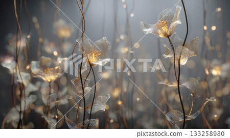 dreamlike and ethereal abstract background featuring delicate flowers crafted from transparent, gold filigree or woven wire. The glowing blooms float in soft, foggy light with scattered bokeh effects dreamlike and ethereal abstract background featuring delicate flowers crafted from transparent, gold filigree or woven wire. The glowing blooms float in soft, foggy light with scattered bokeh effects 133258980