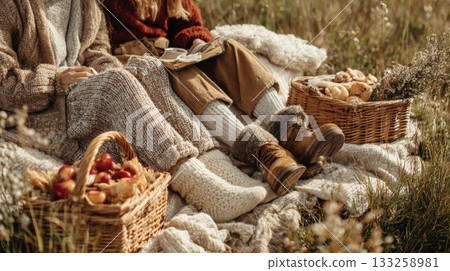 Cozy Autumn Outdoor Relaxation Scene: Close-up of Legs Wrapped in Knitted Blankets and Wool Socks, Sharing a Picnic Basket and a Book in Golden Sunlight, Capturing Comfort and Fall Leisure 133258981