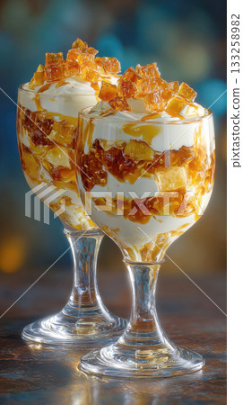 Decadent Parfait Glasses with Caramel and Cream Layers: Luxurious Vertical Dessert Display of Vanilla Custard, Toffee Cubes, and Golden Sauce, Perfect for Elegant Menu Design and Gourmet Food Themes 133258982