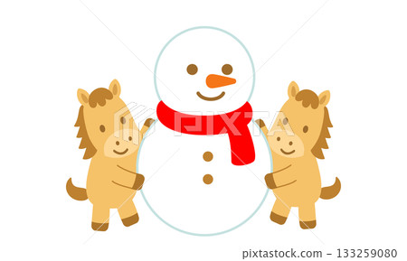 Winter flat design illustration of a cute horse having fun making a snowman 133259080