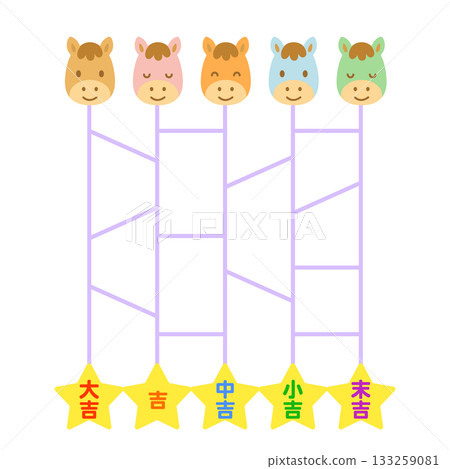 以彩色駿馬為主題的占卜紙條和御神籤的扁平化插圖 133259081