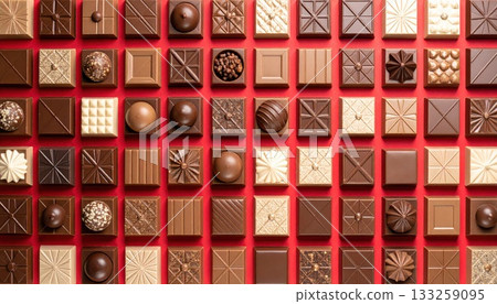 [AI image] Luxury chocolates lined up on a red background 133259095