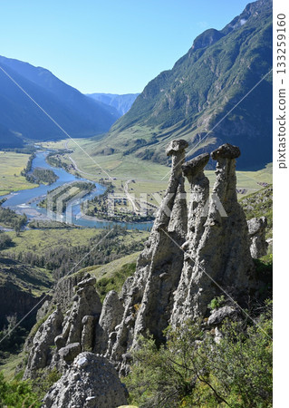 Stone mushrooms, geological formation in the Altai mountain region 133259160