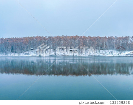 Daizahoshi Pond in the first snow and larch with autumn leaves Daizahoshi Pond in the first snow and larch with autumn leaves 133259238